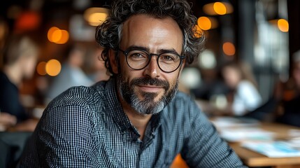 Obraz premium A smiling man with curly hair and glasses sits in a cozy cafe, surrounded by warm lighting and a vibrant atmosphere.