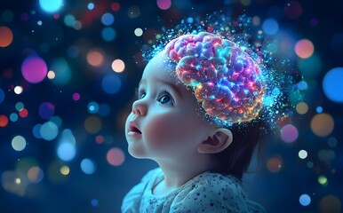 A child with a glowing brain amidst colorful bokeh lights.