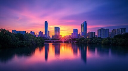 Fototapeta premium Vibrant City Skyline at Dawn with Reflections on Water Surface