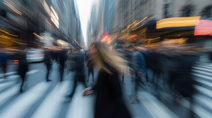 A Blurry City Street with People Walking and Traffic Lights