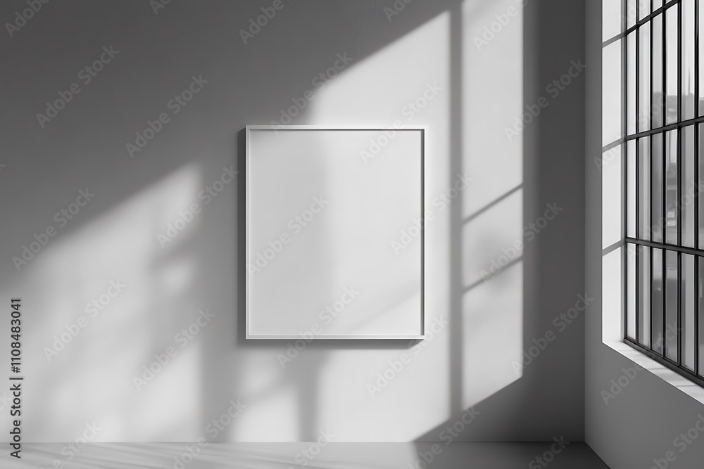 Aufkleber A minimalistic interior featuring a blank frame on a wall, illuminated by soft sunlight casting shadows through a nearby window.