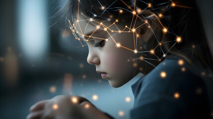 Child in contemplation with ethereal light effects surrounding her.