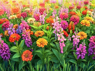 Obraz premium A vibrant field of colorful flowers in full bloom, showcasing nature's beauty.