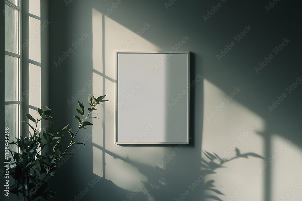 Poster a serene interior scene featuring a blank canvas on a wall, illuminated by soft sunlight and casting