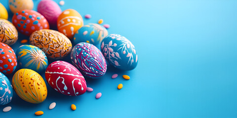 Colorful Hand Painted Easter Eggs on Blue Background