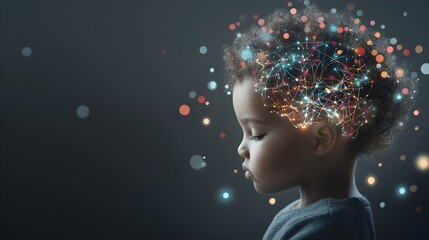 Obraz premium Child with creative thoughts illustrated by colorful sparkles above head.