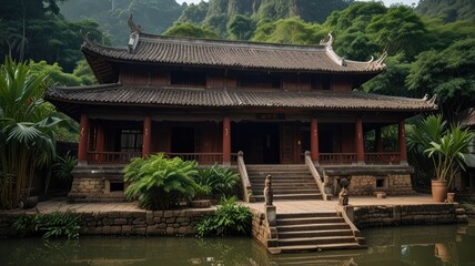 Fototapeta premium Ancient Asian temple by water, lush greenery.
