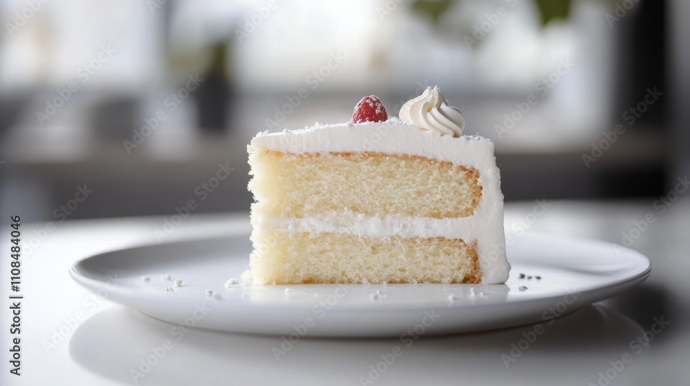 Poster a tempting slice of vanilla cake topped with cream frosting and a raspberry, set on a white plate in