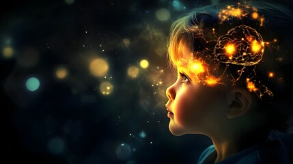 Fototapeta premium A child's profile with a glowing, imaginative aura around the head.