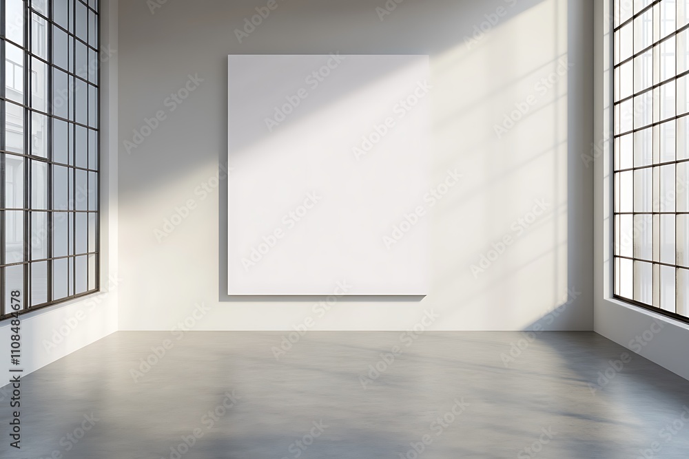 Poster a minimalist art gallery featuring a large blank canvas, illuminated by natural light from large win