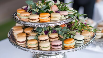 Elegant Two-Tiered Macaron Tower with Delicate Floral Decor