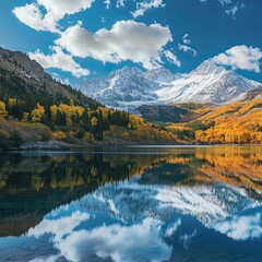 Obraz premium Snow-capped mountains reflected in autumn lake.