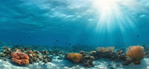 Fototapeta premium A vibrant coral reef landscape, teeming with colorful marine life, vivid corals in shades of orange, pink, and purple, schools of tropical fish swimming gracefully, sunlight streaming through clear tu
