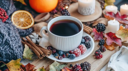 Cozy Autumn Vibes: Warm Tea & Berries by a Candlelit Fire