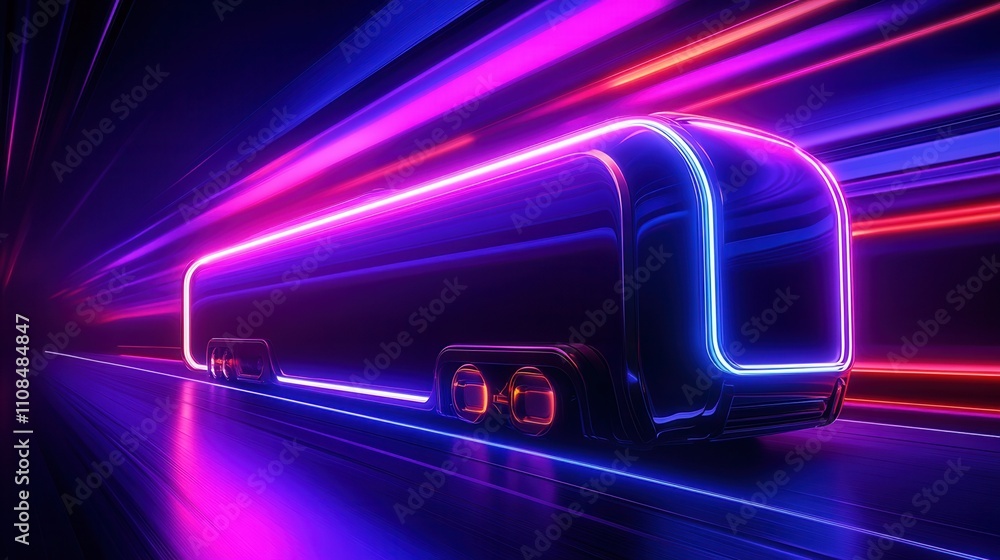 Poster a futuristic bus illuminated with neon lights, creating a vibrant, high-speed effect in a dark, dyna