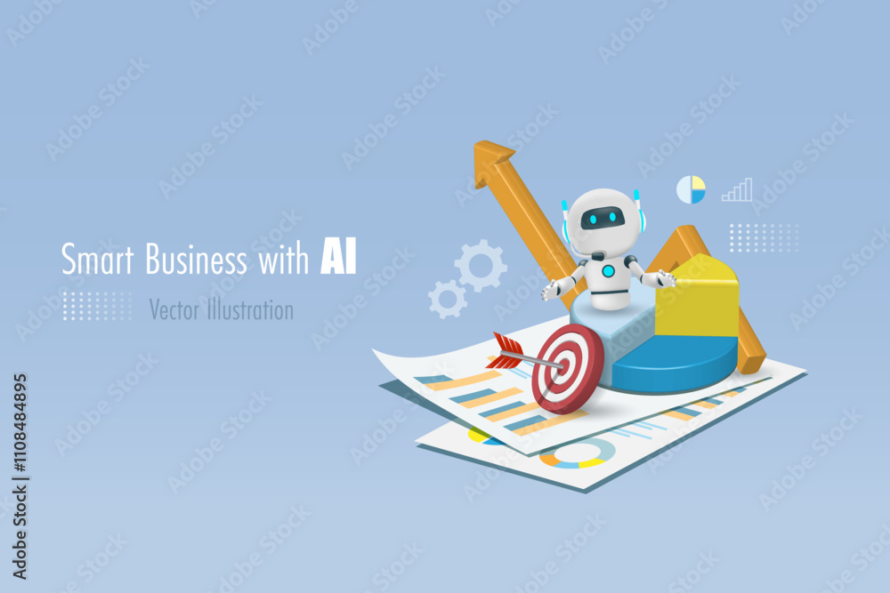 Poster ai artificial intelligence robot on 3d business report with growth graph profit and marketing target