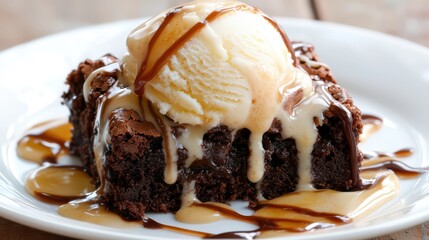 Decadent Brownie Sundae: Chocolate Brownie with Vanilla Ice Cream and Caramel Sauce