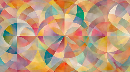 Obraz premium Abstract geometric art with pastel colors, overlapping circles and segments creating a vibrant, textured pattern.