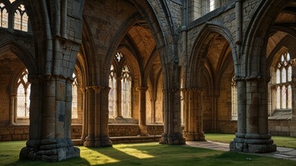 Obraz premium Here's a and keyword list for your image.. Sunlit Gothic Cloister Interior.