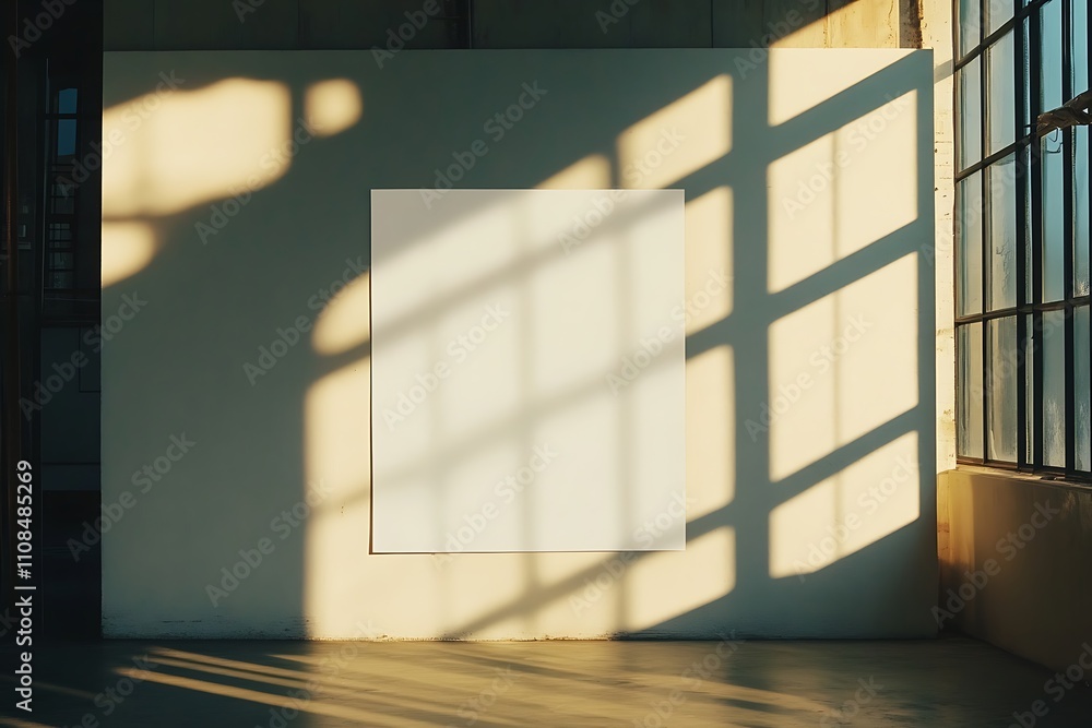 Poster a minimalistic interior scene featuring a blank wall illuminated by soft shadows from large windows.