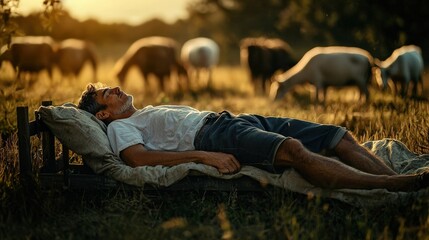 A farmer taking a nap on a vintage bed placed in the middle of a field, animals grazing peacefully around