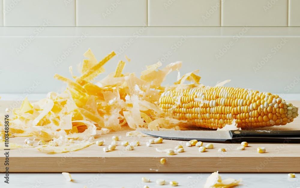 Poster fresh corn on a cutting board with husks and kernels scattered around.