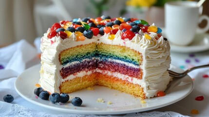 Delicious Rainbow Cake with Berries & Candies - Festive Birthday Treat