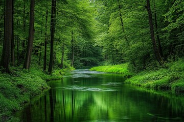 Obraz premium Serene green river flows through lush forest.