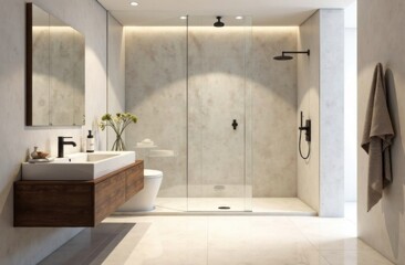 A refined bathroom with minimalist design, including a floating vanity, a walk-in rain shower, and elegant fixtures.
