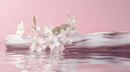 A serene composition of flowers on a log, reflecting in calm waters against a pink background.