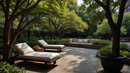 Serene garden patio with lounge chairs under shade trees.