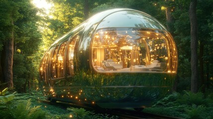 A futuristic, glass-like train stands amidst a lush forest, illuminated with warm lights, blending modern design with nature's tranquility.