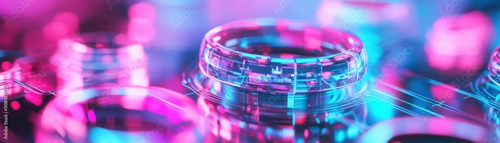 Poster a close-up of colorful, illuminated rings, showcasing intricate patterns and reflections in a vibran
