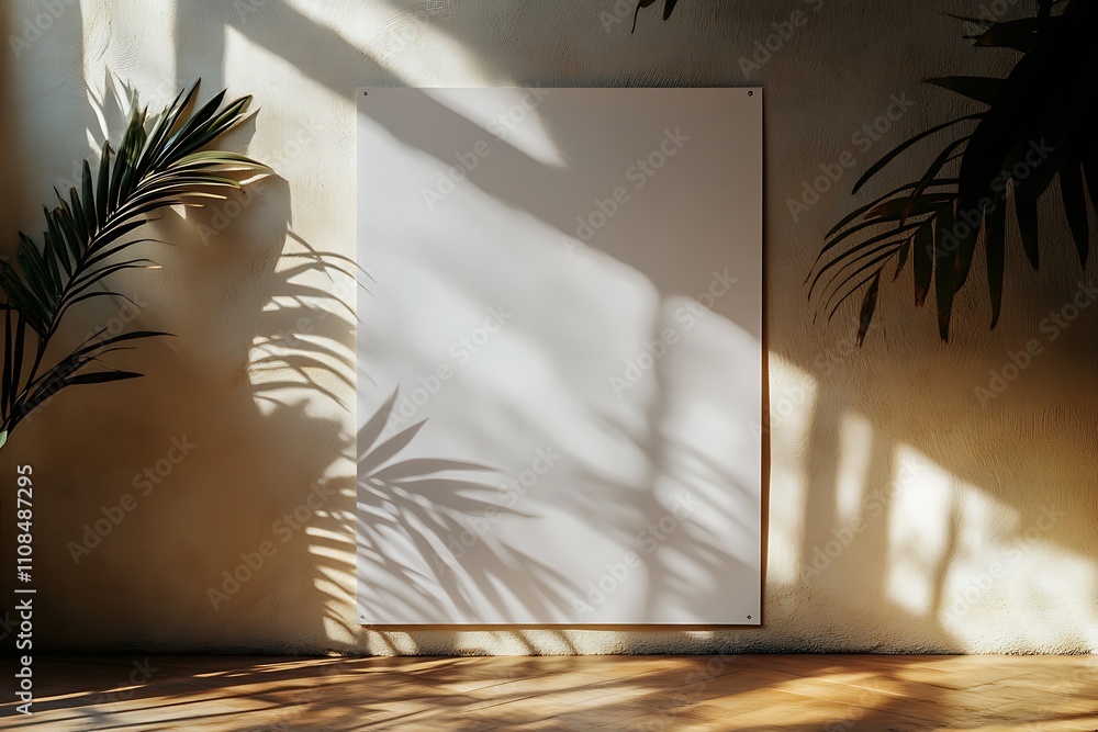 Poster a serene interior scene featuring a blank canvas against a textured wall, with soft shadows from pla