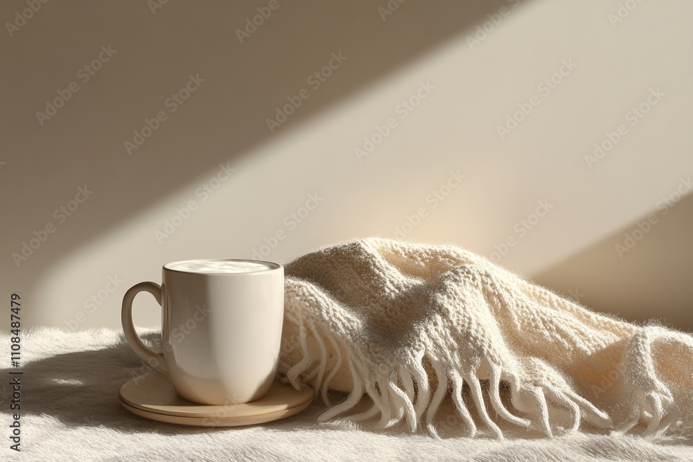 Aufkleber a white mug with a white blanket on top of it. the blanket is folded and has a pattern on it. the sc