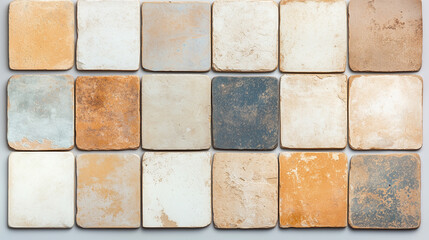 Fototapeta premium Old brown gray rusty vintage worn shabby patchwork motif tiles stone concrete cement wall texture background banner 