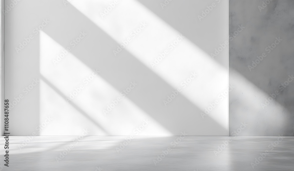 Poster a minimalist interior with light and shadow play on a white wall and a concrete corner, creating a s