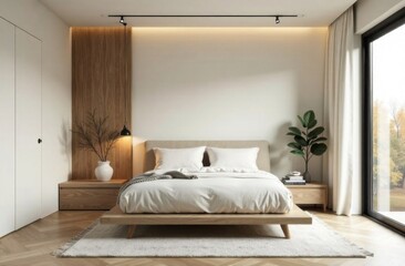 A modern bedroom with minimalist touches including a platform bed, simple decor and a soothing color scheme.