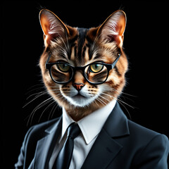 Female cat wearing a business suit and glasses