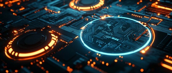Fototapeta premium abstract background featuring a circuit board and chip design, embodying a digital technology concept with a black and blue color theme, illuminated by glowing light effects along the edges of circles