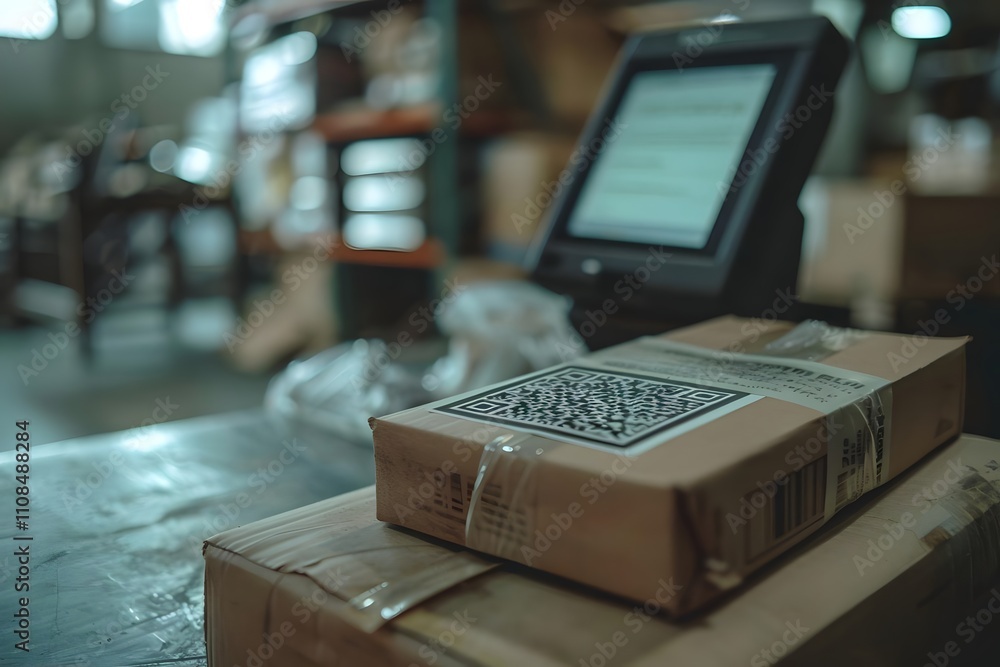 Aufkleber a package sits on a table in a warehouse, next to a digital scanner for processing.