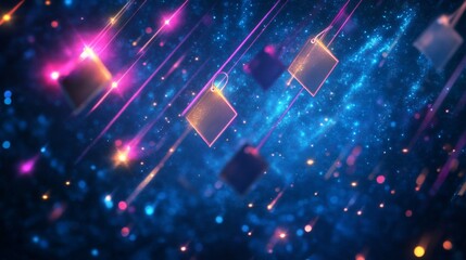 Abstract blue background with glowing diamond-shaped tags