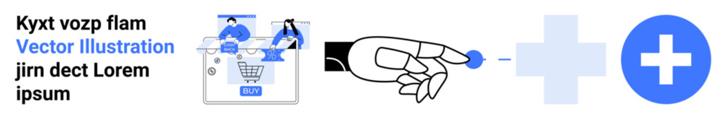 Obraz premium Person using a laptop with an online shopping cart, a hand cursor clicking a button, and a medical cross symbol. Ideal for e-commerce, digital health, user interface, healthcare apps, online