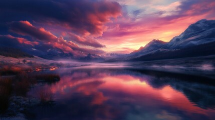 A serene mountain lake reflecting a vibrant pink and purple sunset