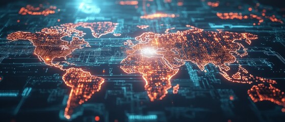 An abstract digital world map featuring intricate global network connections, with a glowing globe at the center on a vibrant blue background, symbolizing the essence of international business 