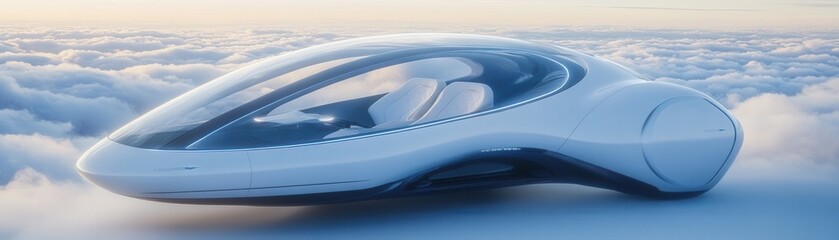 A futuristic vehicle glides above the clouds, showcasing sleek, aerodynamic design with a smooth, white exterior, embodying innovation and advanced technology.