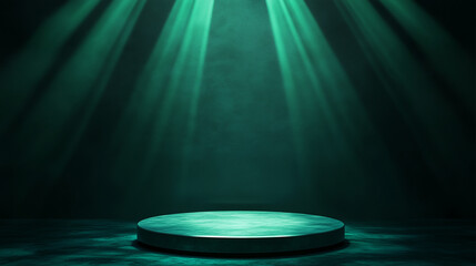 Green Cylindrical Bright Stage Elegant Promotion of Products in Studio New Room with Lighting for Marketing A Teal Stage in Bright Space Luxury Cylindrical Green Stand for contemporary Branding
