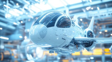 Fototapeta premium A futuristic spacecraft design is showcased in a high-tech environment, highlighting advanced engineering and sleek, aerodynamic features.