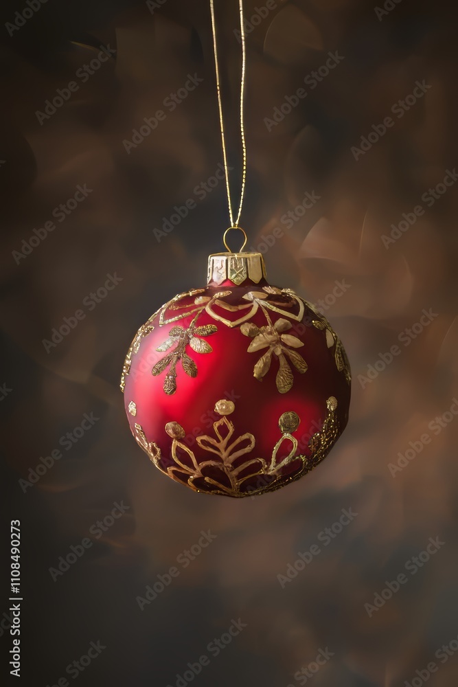 Poster a red ornament hanging from a string. the ornament is gold and has a design on it. the background is