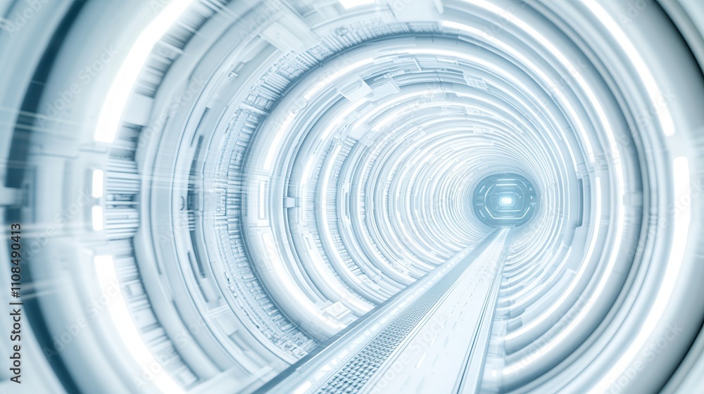 Poster a futuristic tunnel with a glowing, circular design, creating a sense of depth and motion, suggestin